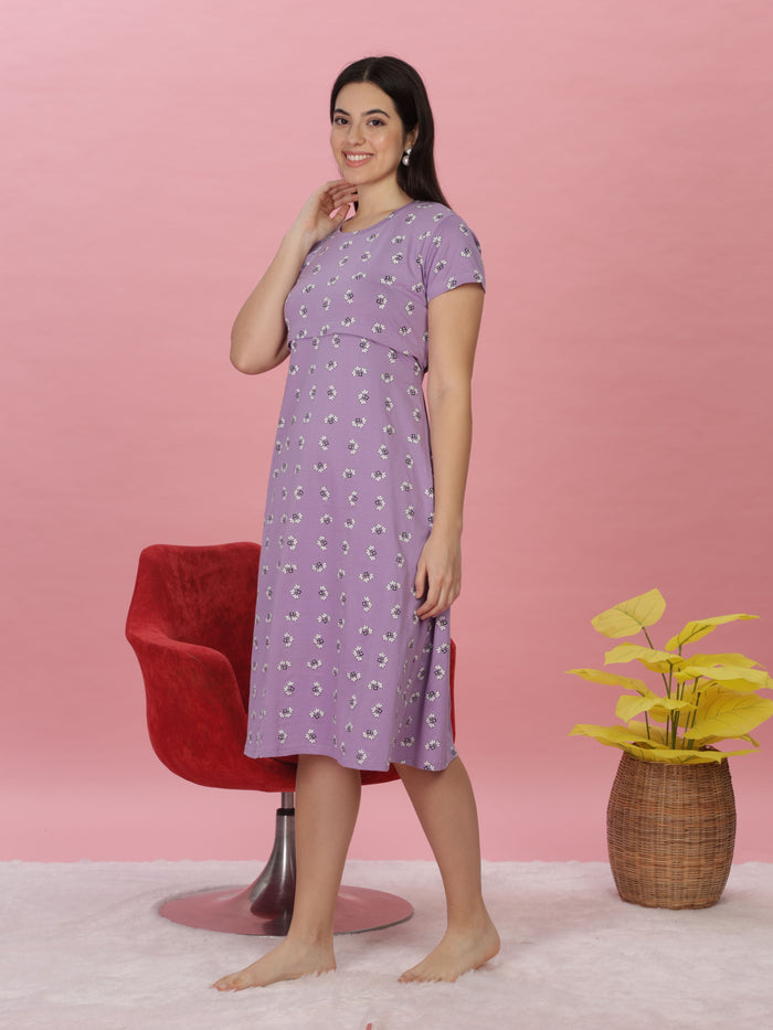 Lilac Soft Cotton Nursing Maternity Short Nightdress