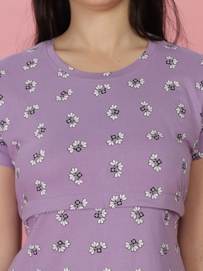 Lilac Soft Cotton Nursing Maternity Short Nightdress