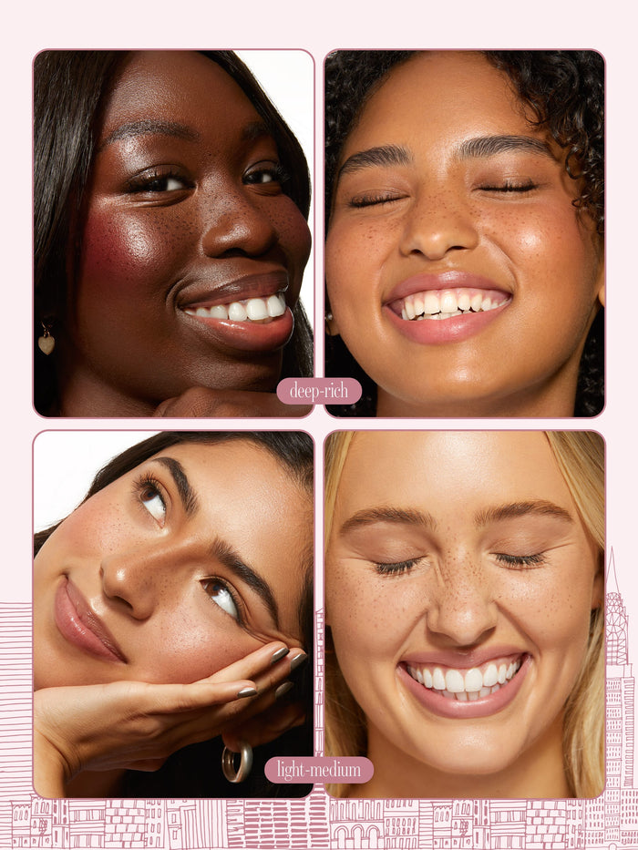 collage showing different women using tarte limited-edition go with the faux freckle stamp, shades deep rich and light medium