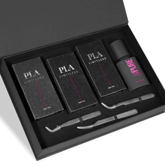 Set of Lash Extension Limitless products in a black box with 'PLA' branding.