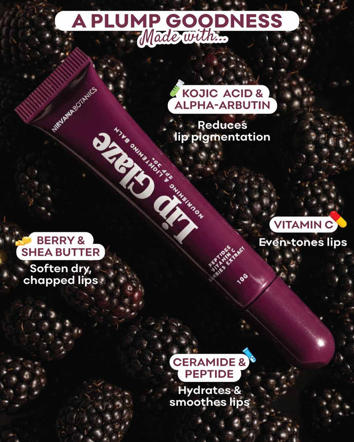 Purple lip balm tube with text highlighting ingredients and benefits on a dark background with berries.