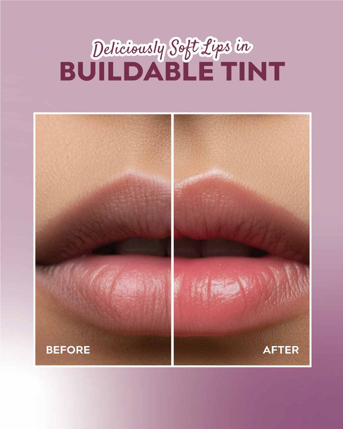Before and after comparison of lips with buildable tint on a pink background
