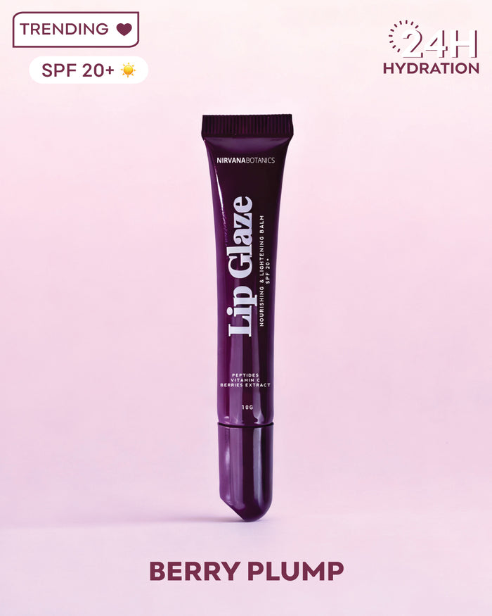 Lip glaze tube labeled 'Berry Plump' on a light purple background