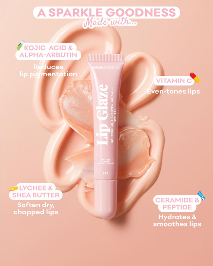Lip balm with ingredients listed on a pink background