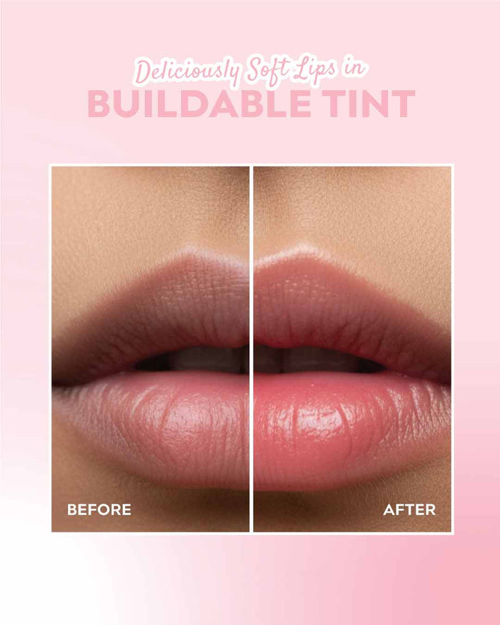 Before and after comparison of lips with buildable tint on a pink background