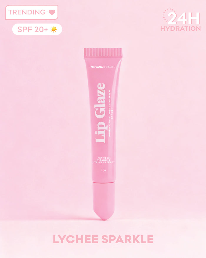 Pink lip gloss tube labeled 'Lip Glaze' on a light pink background