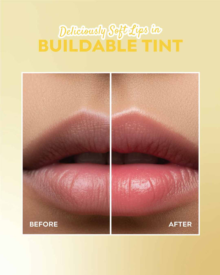 Before and after comparison of lips with buildable tint on a beige background