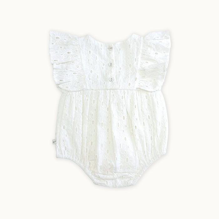 Luna Schiffli Floral Ruffle & Bow Baby Girl Romper (Organic)