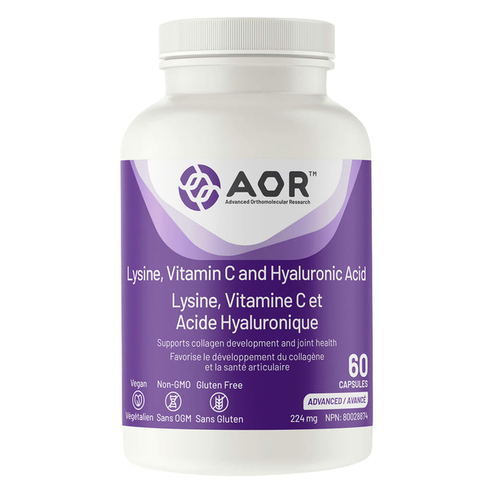 Bottle of AOR Lysine, Vitamin C and Hyaluronic Acid 60 Capsules