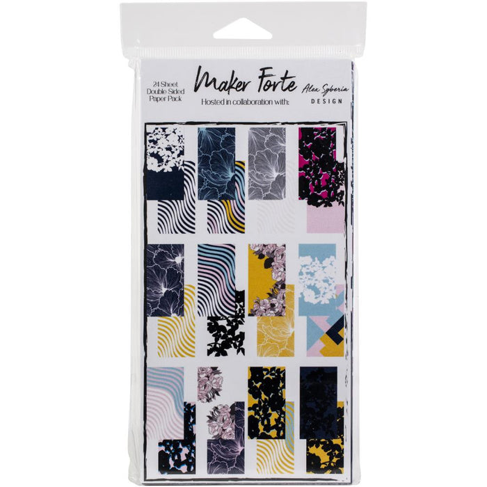 Maker Forte - By Alex Syberia - Double-Sided Cardstock 4"X8" - 24/Pkg - Night Garden. Designed by Alex Syberia to coordinate with the Night Garden Stamp Set and Stencil set. Each pack contains 24 sheets of high quality 4 inch by 8 inch printed paper, with 12 different double-sided designs. Two of each design per pack. Made in USA. Available at Embellish Away located in Bowmanville Ontario Canada.