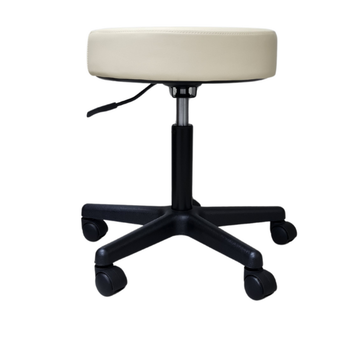 E009 Beige Gaslift Salon Chair on wheels | A beige PVC leather therapist manicure stool with a five-star nylon-base and gas lift mechanism, featuring a black frame and castors for mobility.