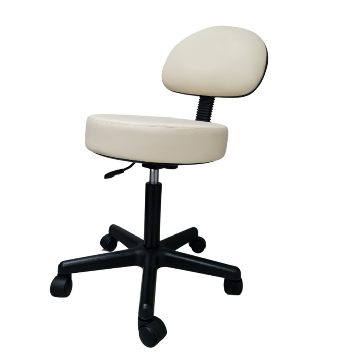 E008 Beige Gas lift Therapist Stool with Backrest | A beige PVC leather therapist manicure stool with backrest with a five-star nylon-base and gas lift mechanism, featuring a black frame and castors for mobility.