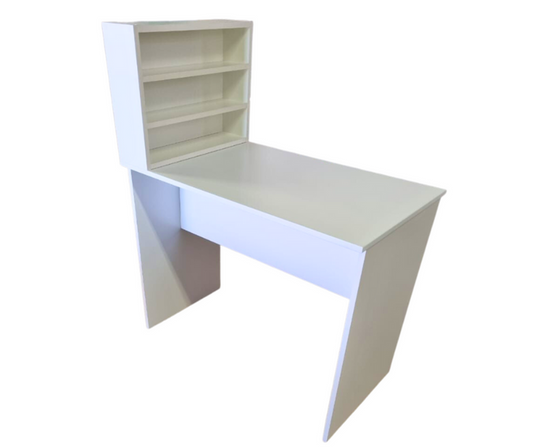 White manicure table with a polish stand on the side, made of wood with a melamine finish.