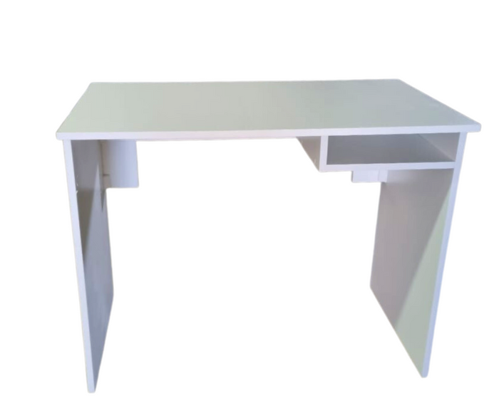 White rectangular manicure table with a closed drawer on one side and open slots on the other, with a clean and simple design.