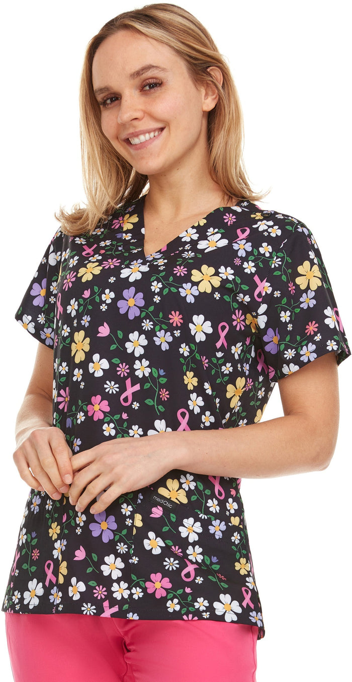 Medichic Naomi Ribbon Flower Printed V-Neck Scrub Top