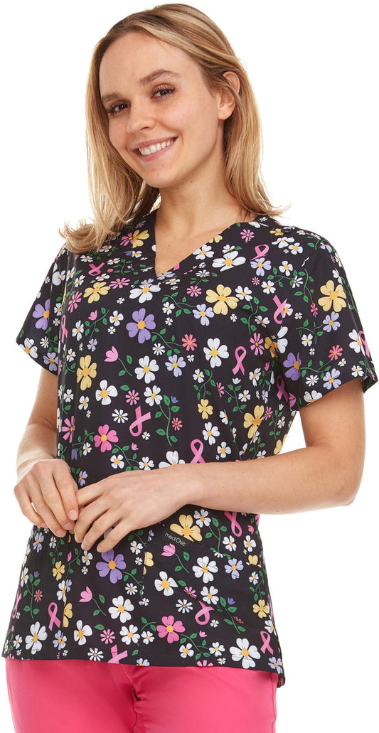 Medichic Naomi Ribbon Flower Printed V-Neck Scrub Top