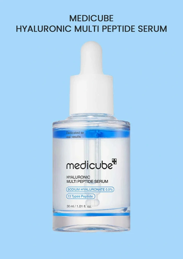 Medicube Hyaluronic Multi Peptide Serum bottle on a light blue background