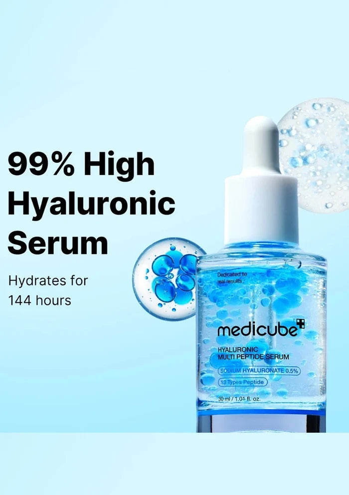 Medicube Hyaluronic Acid Serum bottle with dropper on a light blue background