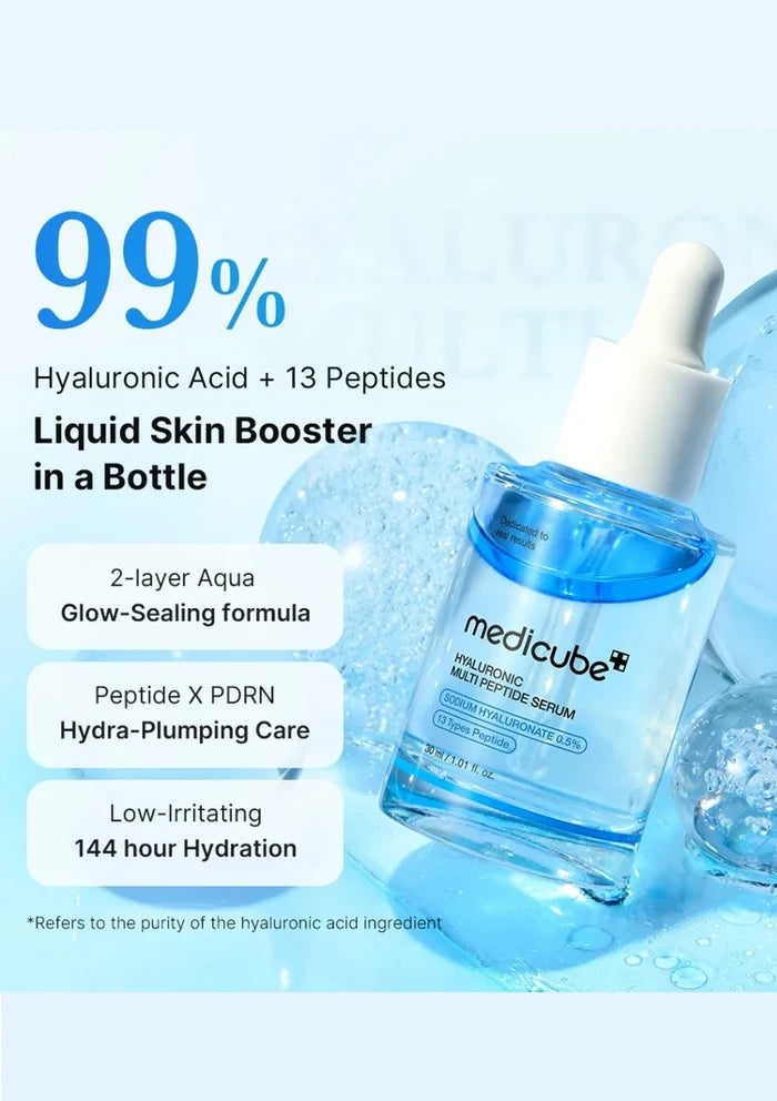 Medicube serum bottle with text highlighting features on a light blue background