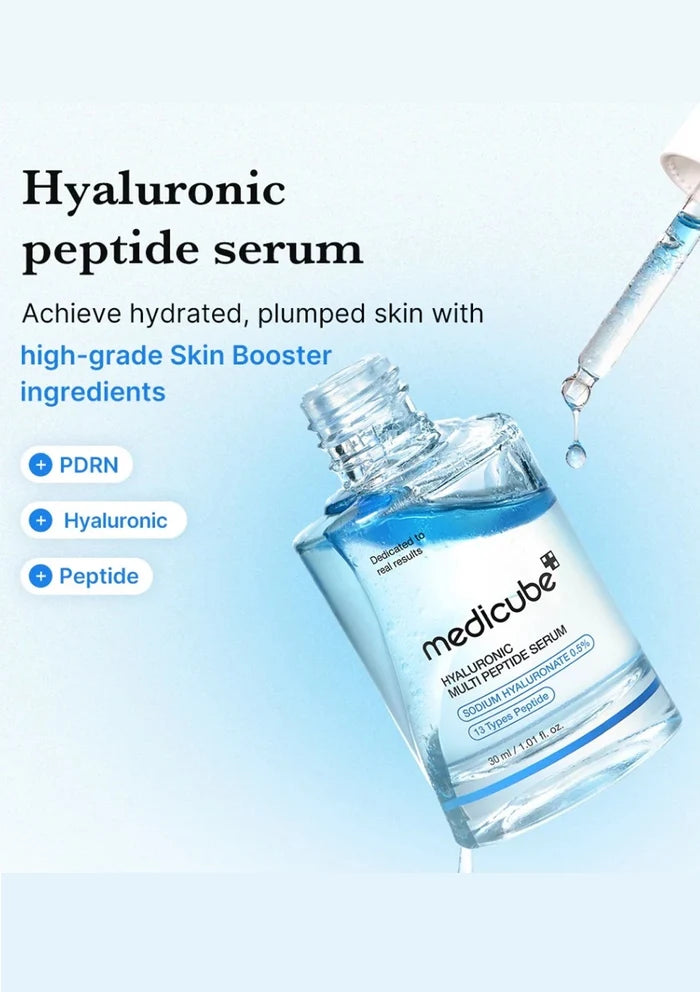 Medicube hyaluronic peptide serum bottle with dropper on a light blue background