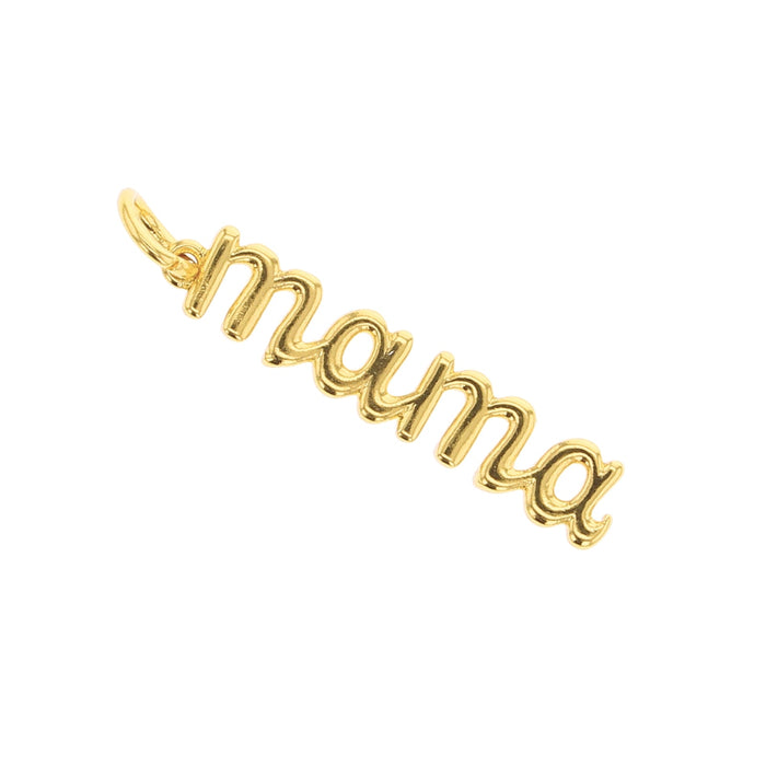 Gold cursive 'mama' charm angled diagonally