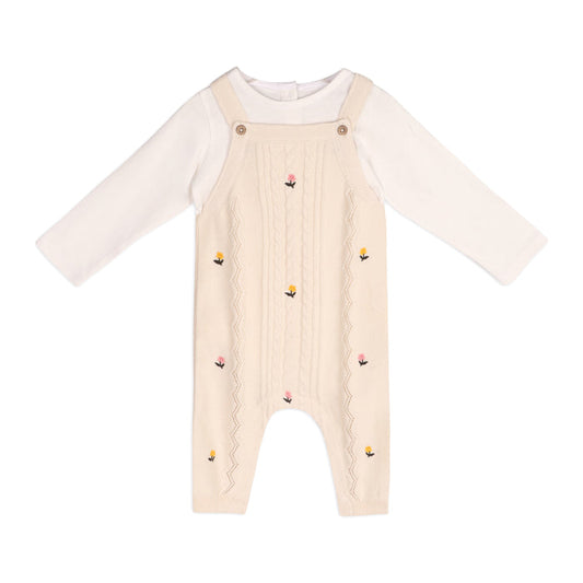 Mini Flowers Embroidered Cable Knit Baby Overall & Bodysuit Set (Organic Cotton)
