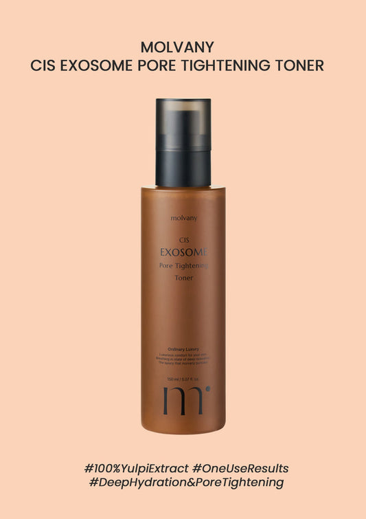 Molvany CIS Exosome Pore Tightening Toner bottle on a beige background
