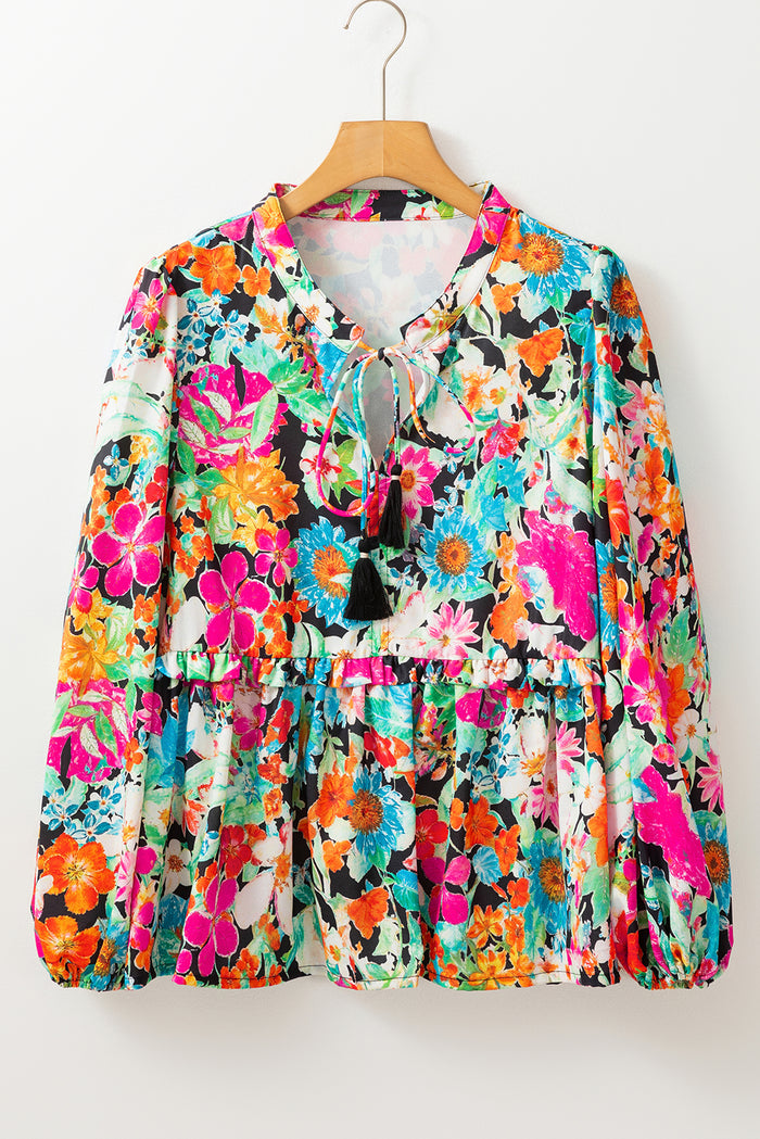 Multicolour Floral Print Bubble Sleeve V Neck Ruffled Blouse 🇺🇸