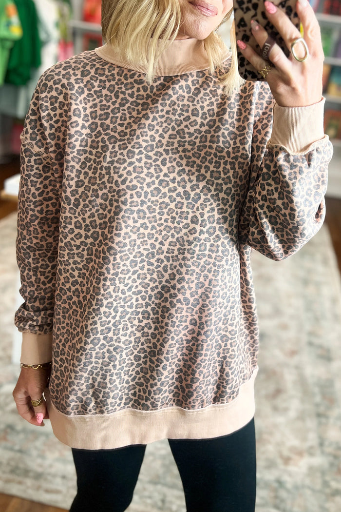 Multicolour Leopard Print High Neck Long Sleeve Ribbed Cuffs Hem Sweatshirt 🇺🇸
