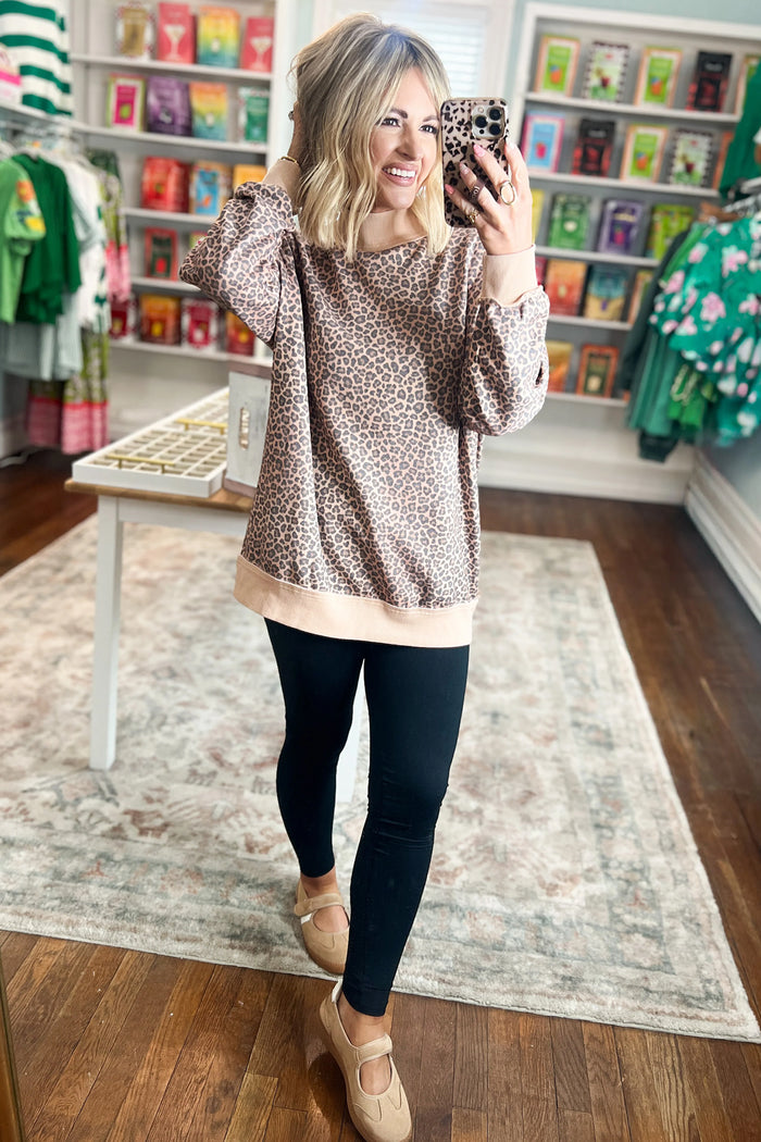 Multicolour Leopard Print High Neck Long Sleeve Ribbed Cuffs Hem Sweatshirt 🇺🇸
