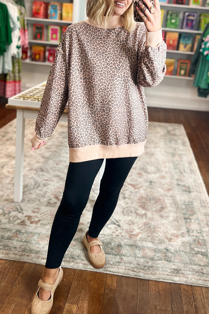 Multicolour Leopard Print High Neck Long Sleeve Ribbed Cuffs Hem Sweatshirt 🇺🇸