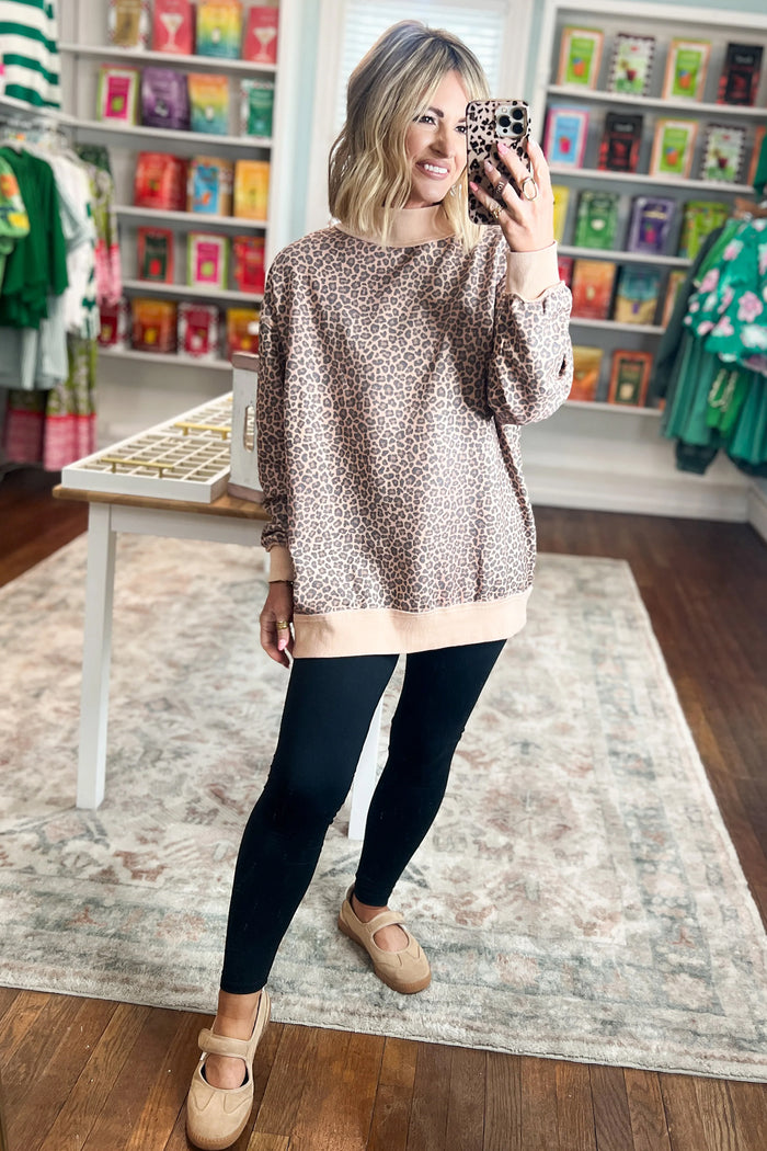Multicolour Leopard Print High Neck Long Sleeve Ribbed Cuffs Hem Sweatshirt 🇺🇸