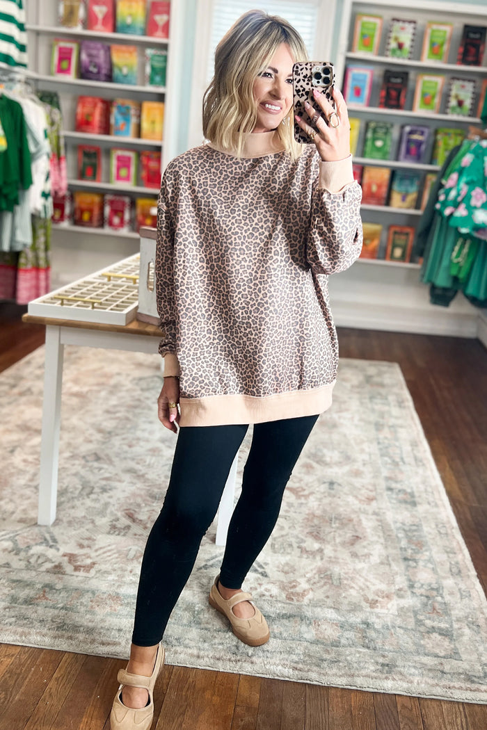 Multicolour Leopard Print High Neck Long Sleeve Ribbed Cuffs Hem Sweatshirt 🇺🇸