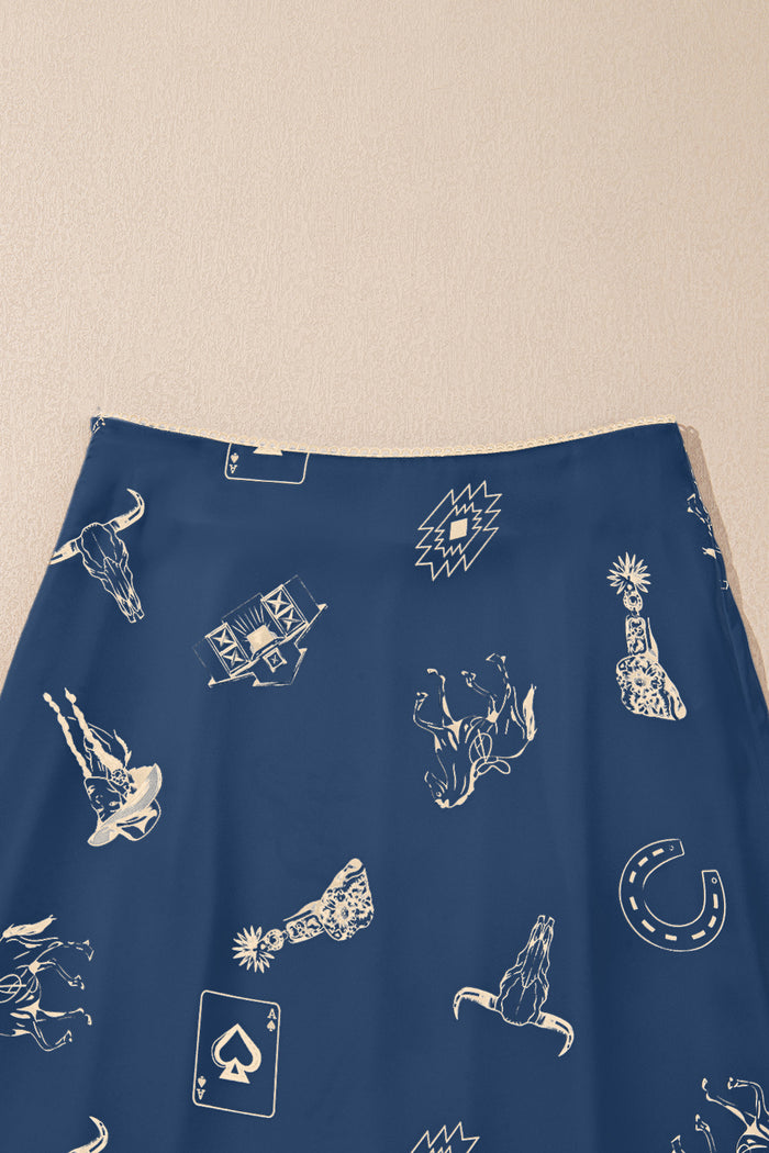 Navy Blue Western Print Satin Long Skirt 🇺🇸