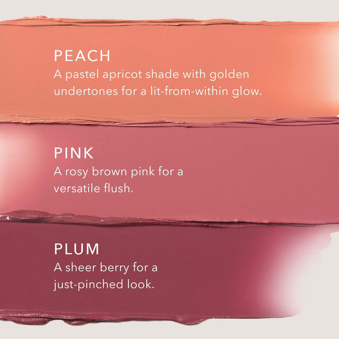 No Makeup Makeup – Blush swatches labeled 'Peach', 'Pink', and 'Plum' with descriptions, natural minimal makeup