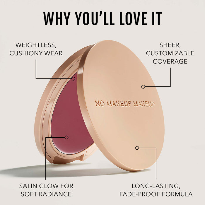 No Makeup Makeup – Compact makeup product with open lid showing plum blush, labeled features, natural minimal makeup