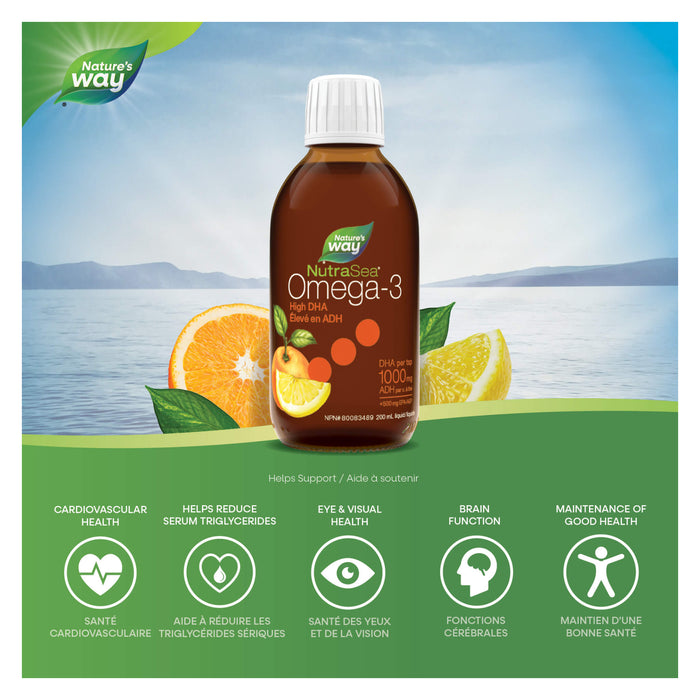 NutraSea DHA (Squid) High DHA Omega-3 Liquid Juicy Citrus - Benefits