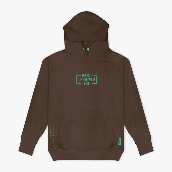 Brown and mint Off-Field Performance youth hoodie — front view