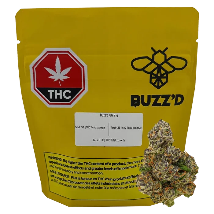 Front-facing view of a yellow pouch labeled "OG" by Buzz'd with a black bee logo, THC stop sign, and cannabis buds at lower right.