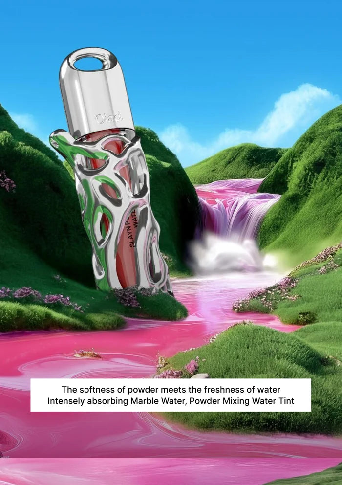 Vial with colorful design in a fantasy landscape with a waterfall and pink water.