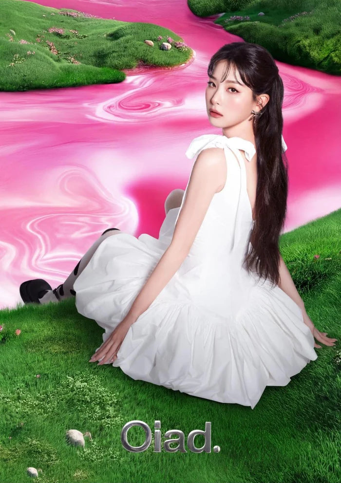 Woman in a white dress sitting on grass with a pink and white swirl background, featuring the brand 'Olad'.