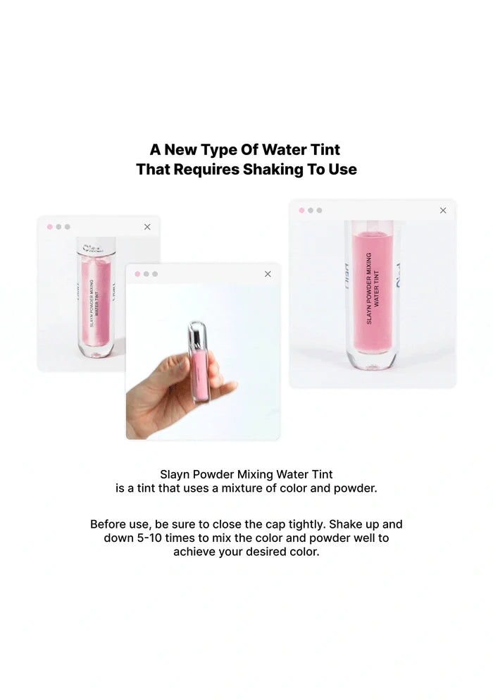 Product packaging of a pink water tint with text on how to use it.