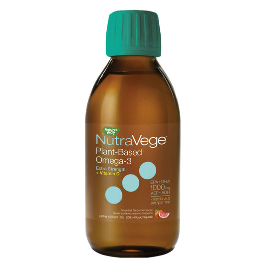 Bottle of NuraVeg Omega-3Plant ExtraStrength+D GrapefruitTangerine 200ml