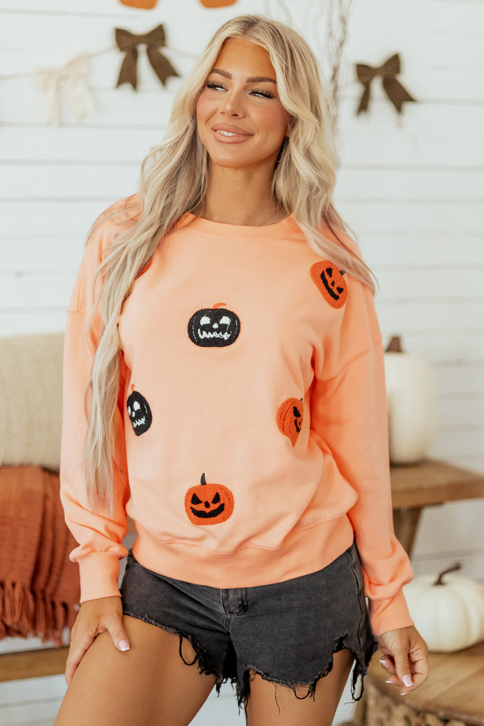 Orange Embroidered Pumpkin Face Drop Shoulder Sweatshirt 🇺🇸
