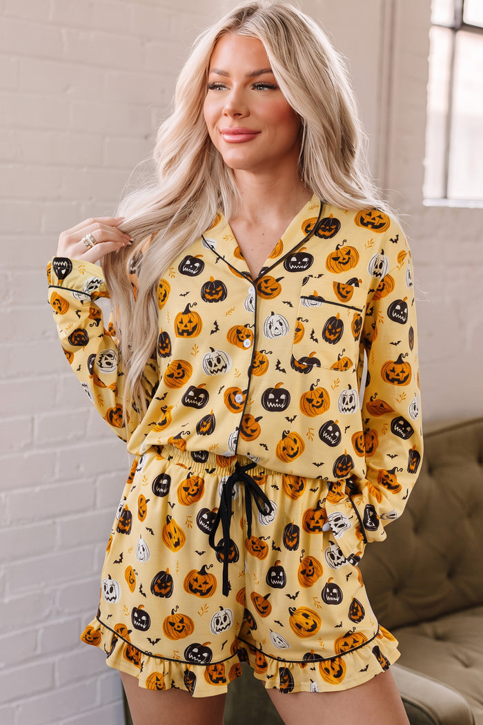 Orange Long Sleeve Ruffle Pumpkin Face Print Two Piece Lounge Set 🇺🇸