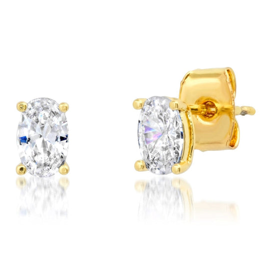 Oval CZ stud earrings with clear oval stones and gold-tone posts