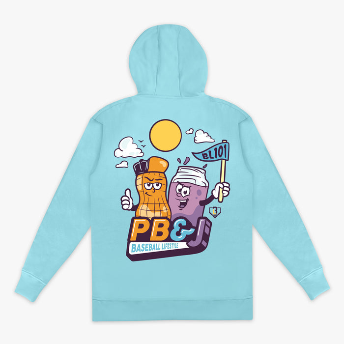 Back flat lay of the BL101 PB&J Baseball Lifestyle hoodie in light blue, featuring the cartoon peanut and jelly jar mascot graphic on a white background.