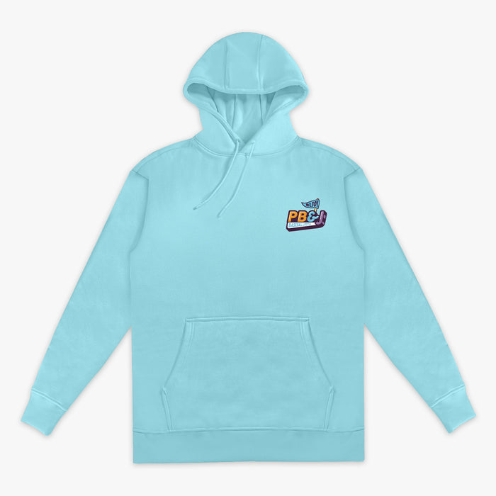 Front flat lay of the BL101 PB&J Baseball Lifestyle light blue hoodie, showing the chest logo and kangaroo pocket on a white background.
