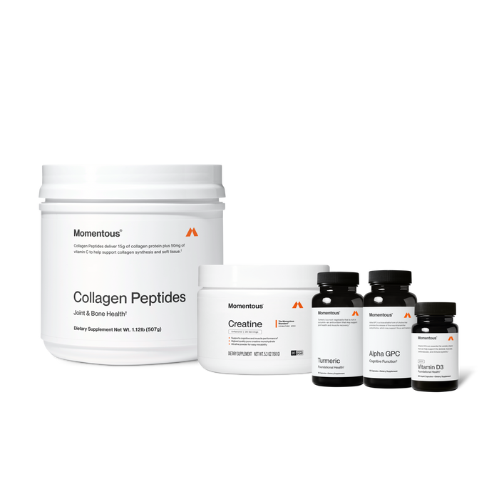Five Momentous products on black background: Collagen Peptides – Joint & Bone Health, 15g collagen protein plus 50mg Vitamin C, 1.12lb (507g); Creatine – Signature Spec, Unflavored, 30 Servings, 5.3oz (150g), NSF Certified for Sport; Turmeric – Foundational Health, 60 Capsules; Alpha GPC – Cognitive Function, 60 Capsules; Vitamin D3 – 2000IU, Foundational Health, 60 Liquid Capsules.