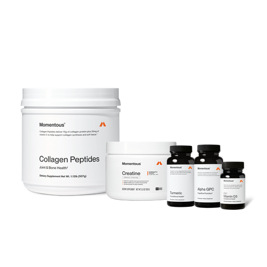 Five Momentous products on black background: Collagen Peptides – Joint & Bone Health, 15g collagen protein plus 50mg Vitamin C, 1.12lb (507g); Creatine – Signature Spec, Unflavored, 30 Servings, 5.3oz (150g), NSF Certified for Sport; Turmeric – Foundational Health, 60 Capsules; Alpha GPC – Cognitive Function, 60 Capsules; Vitamin D3 – 2000IU, Foundational Health, 60 Liquid Capsules.